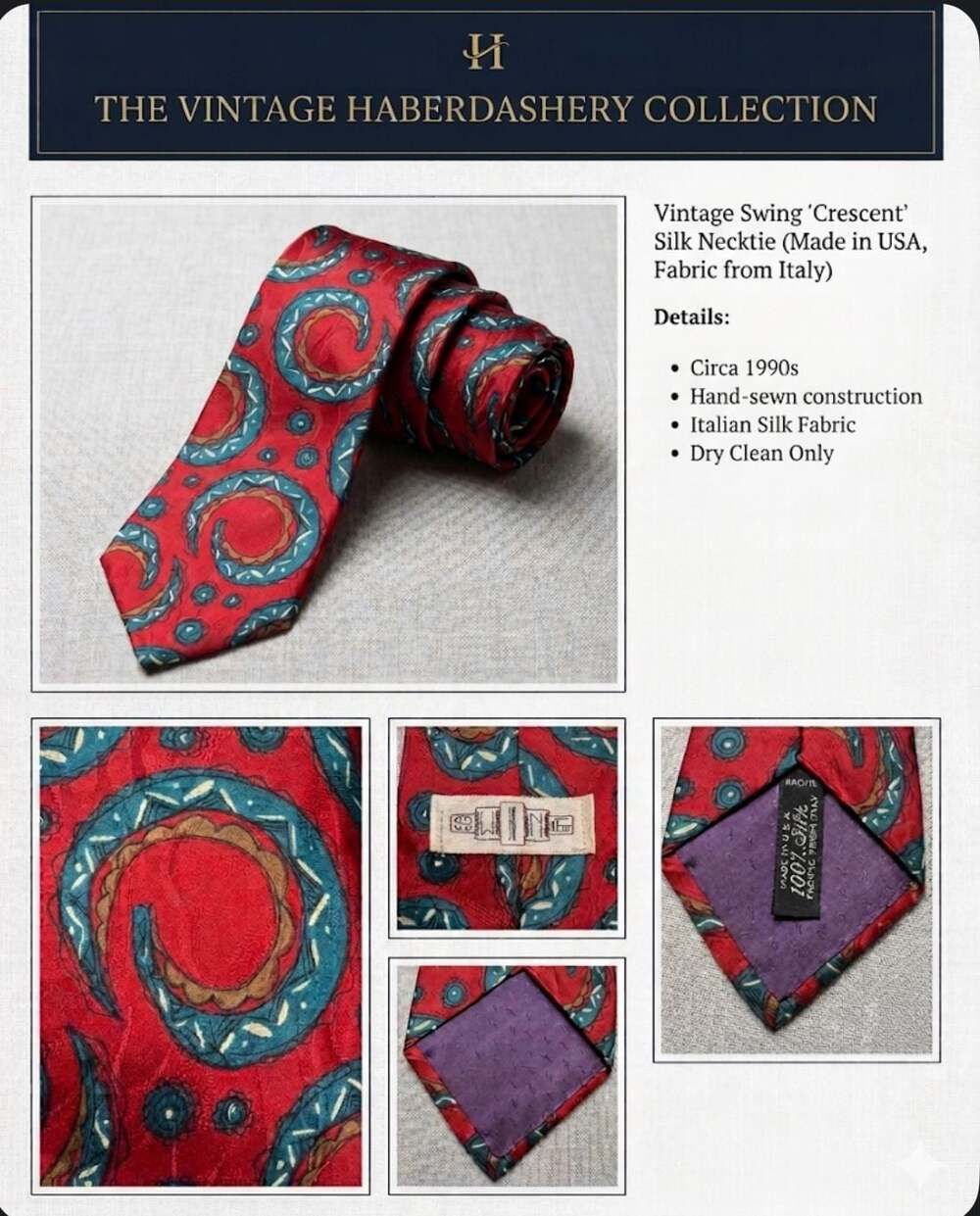 Vintage Swing 'Crescent' Silk Necktie Red Teal 1990s Made in USA